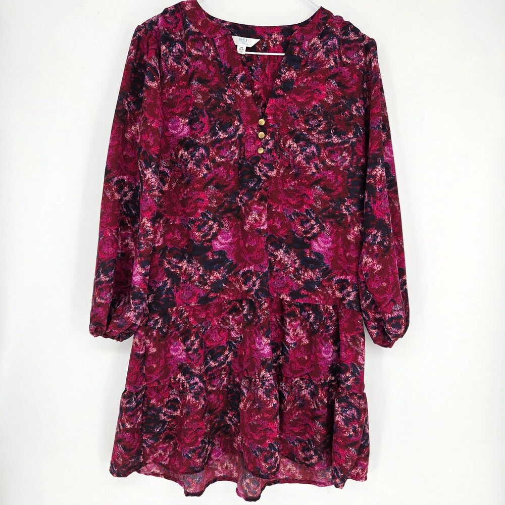 Time & Tru Womens Tiered Short Dress 0/2 Pink Burgundy Navy Abstract Flowy Fall